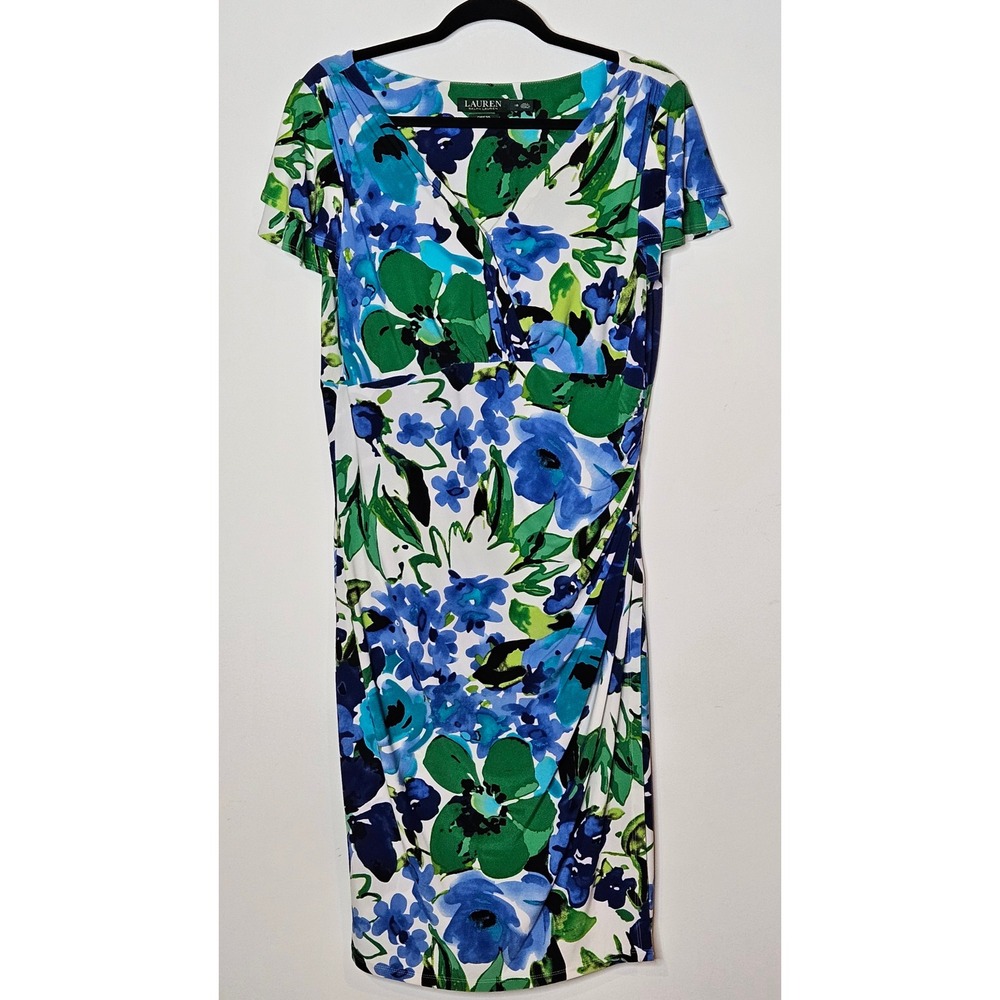 Lauren Ralph Lauren Womens 18 Floral Ruched Sheath Dress Cannes‎ Blue Green